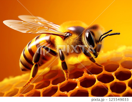 Closeup of a Bee on a Dripping Honeycomb on Yellow-Orange Background - Generative Ai Closeup of a Bee on a Dripping Honeycomb on Yellow-Orange Background - Generative Ai 125549033