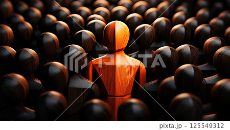 Closeup of One Single Orange Human Shape Among a Large Group of Black Ones - Generative Ai Closeup of One Single Orange Human Shape Among a Large Group of Black Ones - Generative Ai 125549312