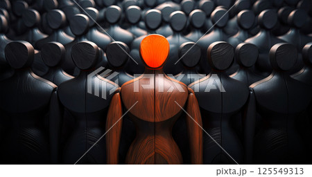 Closeup of One Single Orange Human Shape Among a Large Group of Black Ones - Generative Ai 125549313