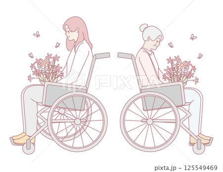 Two Individuals in Wheelchairs Surrounded by Beautiful Flowers and Natures Splendor 125549469