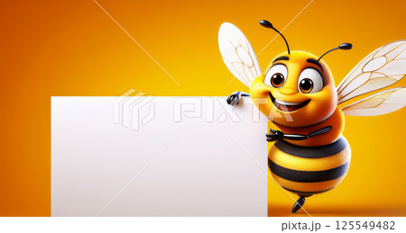 Cute Cartoon Style Bee Holding a Blank Whiteboard on Yellow Background - Generative Ai Cute Cartoon Style Bee Holding a Blank Whiteboard on Yellow Background - Generative Ai 125549482