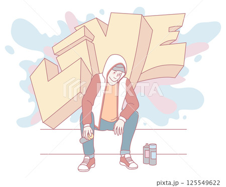 A dynamic urban youth with a microphone in a vibrant graffiti setting, showcasing street culture 125549622
