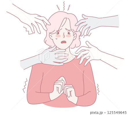 An illustration showing a struggling woman navigating anxiety, distress, and seeking empowerment 125549645