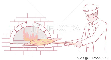 An experienced chef is preparing and baking a delicious pizza in a traditional oven 125549646