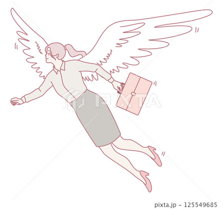 A determined businesswoman is depicted soaring through the skies gracefully, holding a briefcase 125549685
