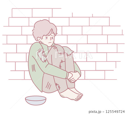 An Illustrative Scene Depicting a Young Boy in Dire Need on the Streets of the City An Illustrative Scene Depicting a Young Boy in Dire Need on the Streets of the City 125549724