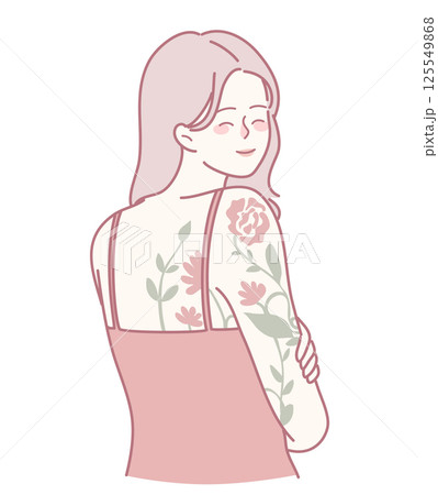 A Stylish Woman with Floral Tattoos, in a Chic Casual Outfit, Radiating Confidence A Stylish Woman with Floral Tattoos, in a Chic Casual Outfit, Radiating Confidence 125549868