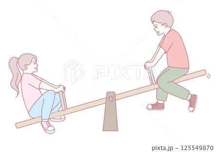 A group of children joyfully playing together on a colorful seesaw in a vibrant playground 125549870