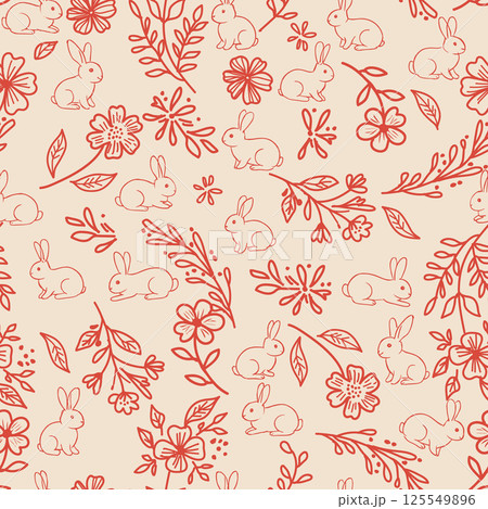 Happy Easter. Seamless pattern. Vintage vector illustration. Bunnies are among the flowers. Vector illustration 125549896