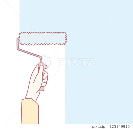 Hand Painting a Wall with a Roller Brush in a Light Blue Shade for Home Decoration 125549910