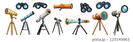 Telescopes and binoculars. Isolated cartoon binocular for tourism, hunting, hiking. Telescope for observing stars and universe, space, weather, vector set Telescopes and binoculars. Isolated cartoon binocular for tourism, hunting, hiking. Telescope for observing stars and universe, space, weather, vector set 125549963