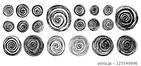 Scribble spirals pencil drawing black. Scratching elements, symbols of confused thoughts drawn ink. Swirls chaotic in circles, vector sketch clipart 125549996