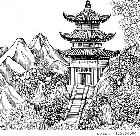 Japanese landscape with pagoda building in mountains. Doodle background, hand drawn style coloring book page for adults, vector template 125550004