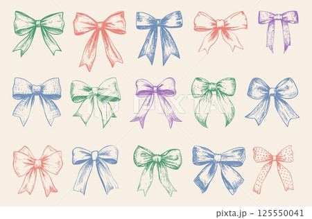 Hand drawn bows. Decorative different gift bow. Christmas birthday anniversary valentines day presents decorations. Sketch ribbons vector set 125550041