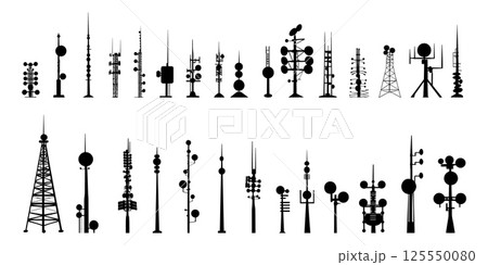 Black silhouettes of different antennas. Isolated antenna on white background, satellite dish, power line. Internet and Wi-Fi distribution, vector elements 125550080
