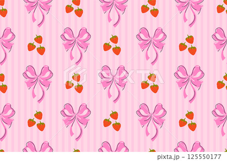 Cute red strawberries, pink coquette bows seamless pattern design with pink color striped texture print background 125550177