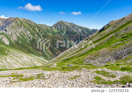 小赤石岳の肩から見上げる悪沢岳と荒川岳　南アルプス　赤石岳登山 125550238