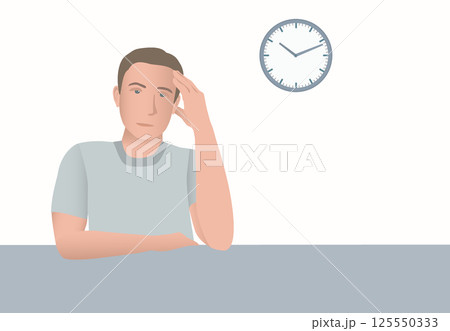 Young man pondering a problem, suggesting deep thought. Clock on the wall, add focus on time and introspection. 125550333