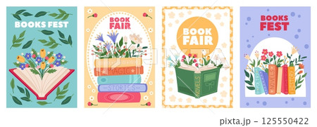 Book fair cards. Literary festival, beautiful blossom flowers, knowledge and education, romantic novels, spring mood, posters or flyer design cartoon flat style isolated recent vector set Book fair cards. Literary festival, beautiful blossom flowers, knowledge and education, romantic novels, spring mood, posters or flyer design cartoon flat style isolated recent vector set 125550422