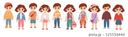 Children with different wearing. Cute fashionable kids, casual clothing and accessories, funny boys and girls apparel, summer and autumn season, cartoon flat isolated garish vector set 125550440