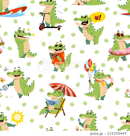 Cute alligator seamless pattern. Funny cartoon crocodiles, kids mascot, predatory animal, repeated tropical reptile. Textile, wrapping paper, wallpaper. Print for fabric tidy vector background 125550447