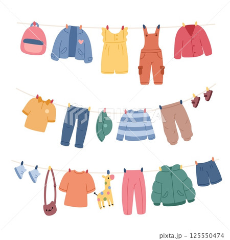 Kids cute clothes on ropes. Drying childish wears, cartoon color apparel elements, shoes, accessory, jackets and t shirts, boyish and girly trousers and sweaters, garish vector isolated set Kids cute clothes on ropes. Drying childish wears, cartoon color apparel elements, shoes, accessory, jackets and t shirts, boyish and girly trousers and sweaters, garish vector isolated set 125550474
