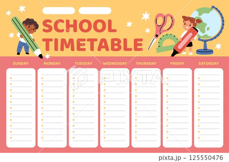 Kids school timetable. Boy and girl draw with large pencils, students lesson schedule template, elementary education, typography design cartoon flat isolated poster, garish vector concept 125550476