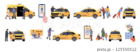 People use taxis. Townspeople calling, waiting for transport, yellow cars, passengers transportation in city, mobile app. Public transport cartoon flat style isolated tidy vector set 125550512