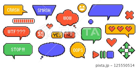 Pixel game speech bubbles. Retro computer graphic, 8 bit game design elements, dialogue text boxes and message balloons, communication symbol, icon buttons with heart, nowaday vector set 125550514