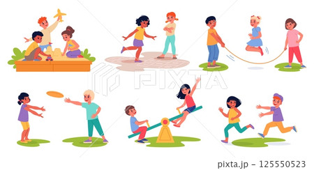Summer outdoor games. Happy kids play on open air, children having fun, playground activities, frisbee, skipping rope, sandbox. Group and pair entertainment cartoon flat classy vector set Summer outdoor games. Happy kids play on open air, children having fun, playground activities, frisbee, skipping rope, sandbox. Group and pair entertainment cartoon flat classy vector set 125550523