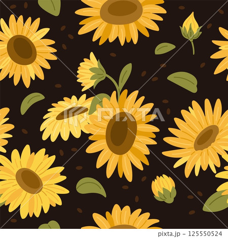 Sunflowers seamless pattern. Summer yellow flowers, flora with seeds, agricultural oilseeds, blooming plant. Decor textile, wrapping paper, wallpaper. Print for fabric garish vector background 125550524
