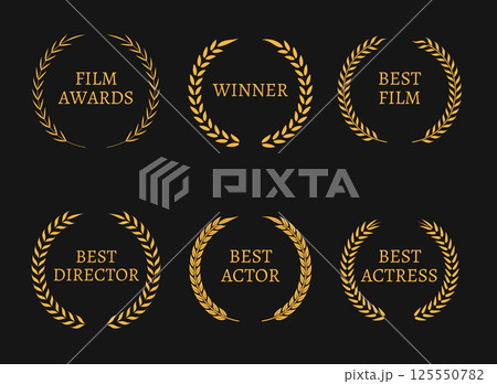 Film academy awards winners and best nominee gold wreaths on black background. 125550782