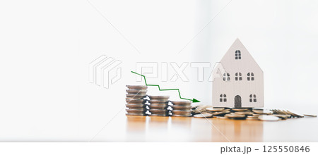Low mortgage rate encouraged investment in the housing market, with arrows pointing to increased money flow and business growth in finance and loans. rate, investment, money, mortgage, house. 125550846