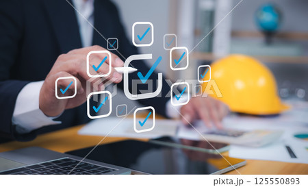 Approved buildings permit concept with approved residential building project, Construction project inspection, Architect or engineer checking list certificate of documents and approving the project. 125550893