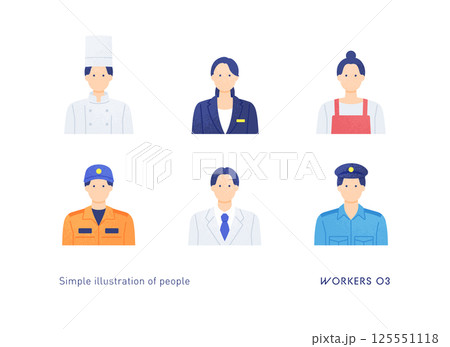 シェフ、コンシェルジュ、救急救命士、医師、など、様々な業種で働く男女のアイコンセット。 125551118