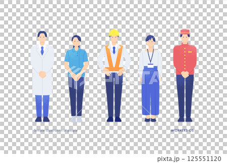 医療・建設・ビジネス・ホテル業界など幅広い職業に就く男女を描いたかわいくおしゃれな全身イラストセット 125551120