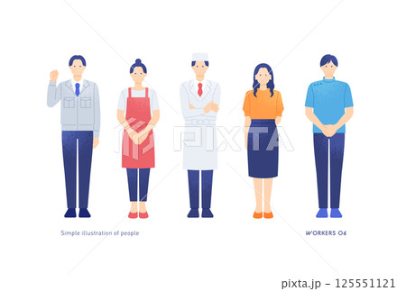 働く若い男女。シンプルでカラフルなイラスト。職業別ベクター素材セット。 働く若い男女。シンプルでカラフルなイラスト。職業別ベクター素材セット。 125551121