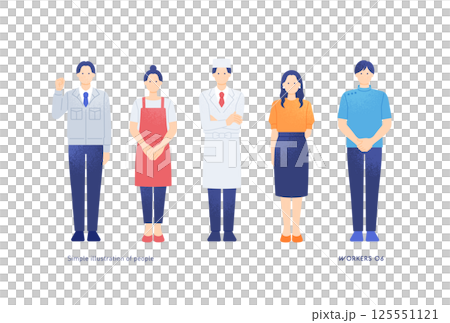 働く若い男女。シンプルでカラフルなイラスト。職業別ベクター素材セット。 働く若い男女。シンプルでカラフルなイラスト。職業別ベクター素材セット。 125551121