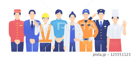 ホテル業界・建設現場・医療・警察・飲食業など幅広い職業で活躍する男女。シンプルでおしゃれな素材。 125551123