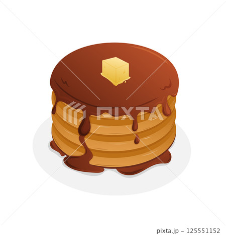 Delicious stack of pancakes topped with syrup and butter 125551152