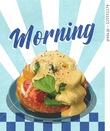 Artistic breakfast dish with egg with melting cheese, sauce, herbs, tomatoes and bun on colorful plate against blue retro background. 125551174