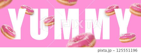 Pink frosted donuts floating around bold yummy typography against vivid pink background. Conceptual design. 125551196