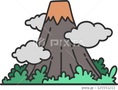 Volcano Surrounded by Clouds and Greenery Illustration	 125551211