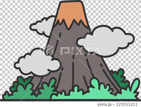 Volcano Surrounded by Clouds and Greenery Illustration	 125551211