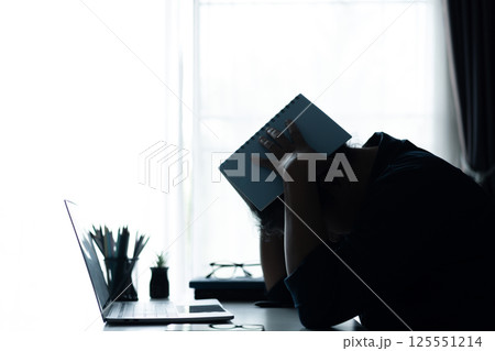 Businesswoman faced challenging problem at office, navigating work stress and using her computer to find solutions amidst feelings of depression. problem, woman, job, business, stress, depression. 125551214