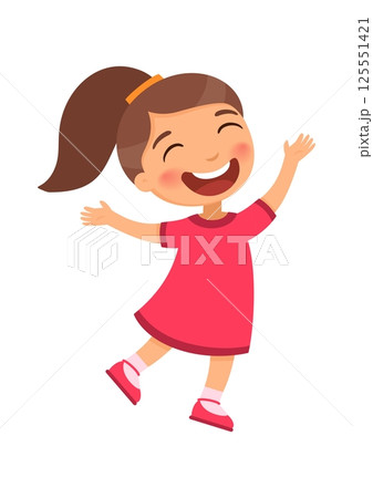 Joyful and energetic girl jumps or dances with her hands up, a wide smile and eyes closed with happiness.  Emotion concept of joy, freedom, childish carelessness.Cartoon character illustration 125551421