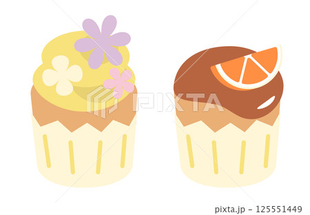 お花とクリーム、チョコソースとオレンジのカップケーキのかわいいフラットイラスト 125551449