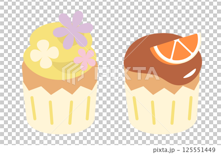 お花とクリーム、チョコソースとオレンジのカップケーキのかわいいフラットイラスト 125551449