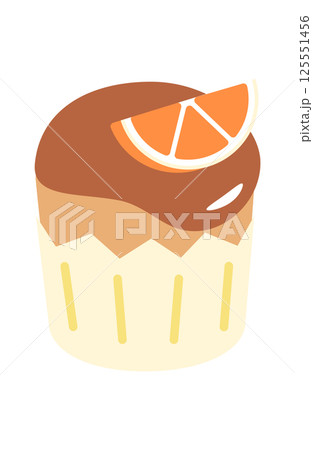オレンジとチョコレートソースの乗ったカップケーキ 125551456