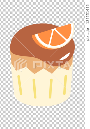 オレンジとチョコレートソースの乗ったカップケーキ 125551456